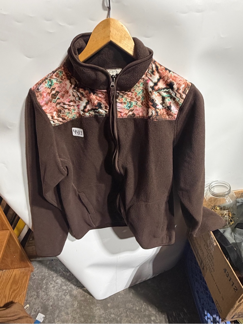 #4413-Women's Brown Fleece Zip Jacket with Patterned Shoulder Panels